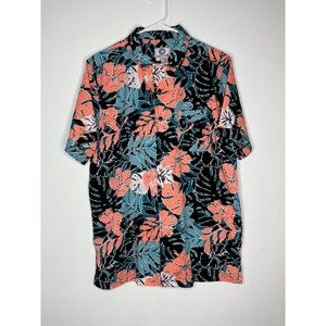 One Resolution Hawaiian Shirt Mens Large M Black Floral Button Up Bright Flowers